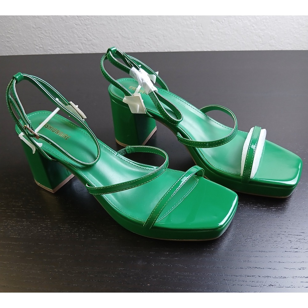 Cushionaire Roma Green Patent Strappy Block Heel Sandals Square Toe Womens 9M